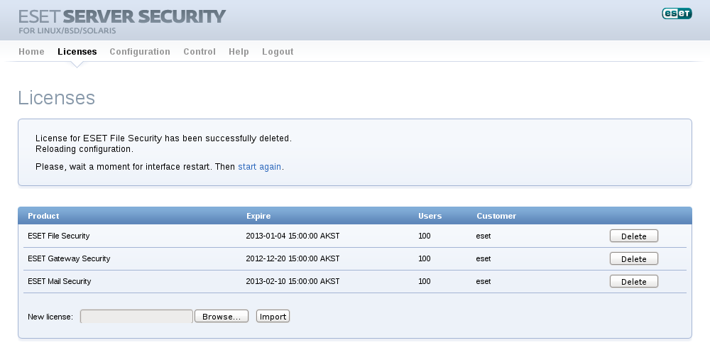 Reload configuration. ESET Server Security. ESET file Security. Linux Security.